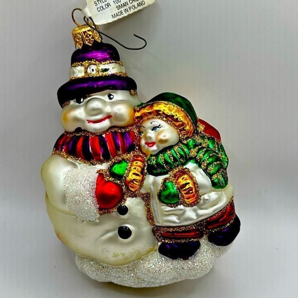 VTG Fraga Snowman & Child Christmas Ornament Glass BLOWN Glitter Art 5.5” POLAND - Picture 1 of 2